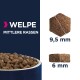 Hundefutter-Kibble für Welpen mittelgroßer Rassen, zeigt Kibble-Größen von 9,5 mm und 6 mm, mit dem Text "WELPE MITTLERE RASSEN."