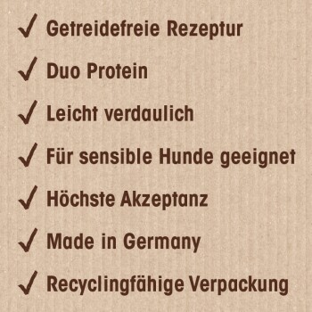 Häkchenliste der Hundefuttermerkmale: getreidefrei, Duo-Protein, verdaulich, empfindlichkeitsfreundlich, hohe Akzeptanz, hergestellt in Deutschland, recycelbar.