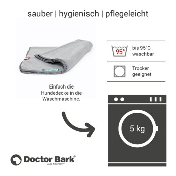 Graue Hundedecke von Doctor Bark, als hygienisch und pflegeleicht gekennzeichnet, maschinenwaschbar bis 95°C, geeignet für den Trockner.