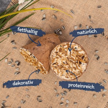 Natürliches Tierfutter auf Jute, mit zwei runden Kuchen, die mit "fetthaltig", "natürlich", "dekorativ" und "proteinreich" beschriftet sind, sowie Sonnenblumenkernen.