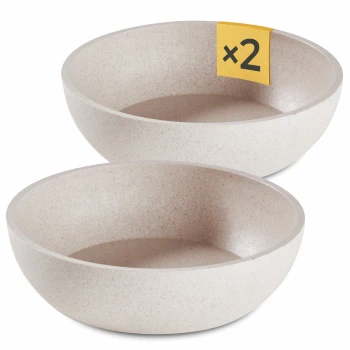 Zwei stapelbare beige Haustierschalen, mit einem gelben Etikett, das "x2" für ein Set von zwei anzeigt.