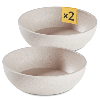 Zwei stapelbare beige Haustierschalen, mit einem gelben Etikett, das "x2" für ein Set von zwei anzeigt.