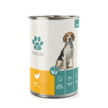 Dose Hundefutter mit der Aufschrift 'Fellicita', die eine Beagle-Illustration zeigt, mit 'Huhn und Reis' und Nährwertangaben.