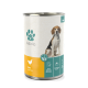 Dose Hundefutter mit der Aufschrift 'Fellicita', die eine Beagle-Illustration zeigt, mit 'Huhn und Reis' und Nährwertangaben.