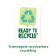 Groen recycling symbool met de tekst 'KLAAR OM TE RECYCLEN*' erboven en '*Overwegend recycleerbare verpakking' eronder.