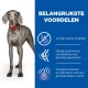 Een grijze hond met een rode halsband staat naast een blauw paneel met voordelen: graanvrij, glucosamine voor gewrichten en omega-6 voor huidgezondheid.