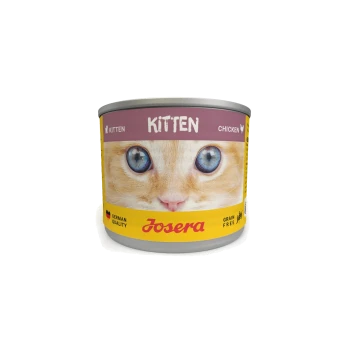 Sechs Dosen Josera Kittenfutter, mit Hühnchen-Geschmack, in einem gelben Kartontray präsentiert, beschriftet mit "Deutsche Qualität" und "Getreidefrei."