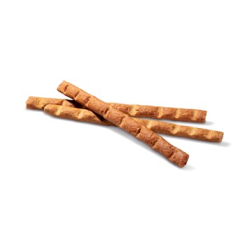 Three crunchy dog treats arranged on a white background, featuring a textured surface with ridges.