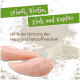 Bild zeigt rohe Hähnchenbrust und Reis, mit Text: "Leinöl, Biotin, Zink und Kupfer" zur Unterstützung von Haut und Fell.