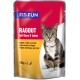 Cat food pouch featuring a tabby cat, labeled "FIT+FUN RAGOUT mit Gans & Leber" with translations in French and Italian, 100g.