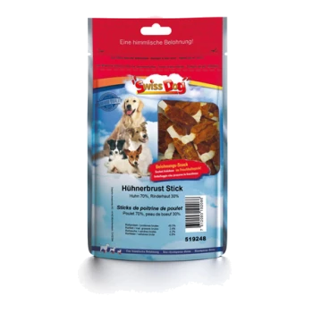 Hundeleckerli-Verpackung mit "Swiss Dog"-Markenlogo, mit einem roten und blauen Design. Der Text enthält "Hühn Brust Stick" und Zutaten: Huhn 70%, Rind 30%.