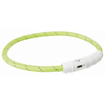 Un collier pour animaux de compagnie vert vif avec un design texturé et un fermoir blanc, présentant un port USB pour la recharge.