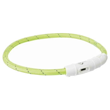 Ein leuchtend grünes Haustierhalsband mit einem strukturierten Design und einem weißen Verschluss, mit einem USB-Anschluss zum Laden.