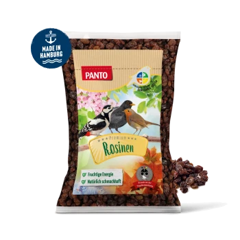 Eine Tüte Panto Premium-Vogelsnacks, die farbenfrohe Illustrationen von Spechten, Amseln und Rotkehlchen zeigt, mit dem Text "Fruchtige Energie."