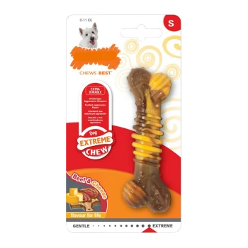 Dog chew toy in the shape of a bone, labeled "Extreme Chew," featuring flavors of beef and cheese, designed for aggressive chewers.
