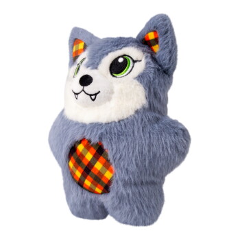 Gray plush wolf dog toy with white face, green eyes, small fangs and orange-yellow plaid belly and ear accents.