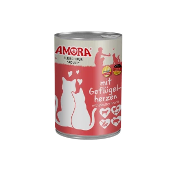 Dose AMORA Katzenfutter für Erwachsene, rotes Etikett mit zwei Katzensilhouetten und Herzen; Aufschrift 'mit Geflügelherzen'.