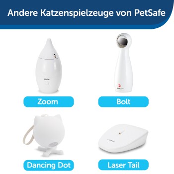 Vier PetSafe Katzenspielzeuge: Zoom (Tropfenform), Bolt (Laser), Dancing Dot (katzenförmig), Laser Tail (rechteckig). Text: "Andere Katzenspielzeuge."