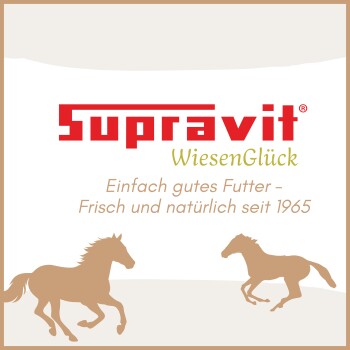 Supravit WiesenGlück Pferdefutterverpackung mit Silhouetten von zwei galoppierenden Pferden und deutschem Text über frisches, natürliches Futter seit 1965.