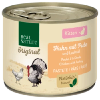 Dosen-Katzenfutter mit der Aufschrift "Real Nature Original" für Kätzchen, mit Huhn und Truthahn und einer Truthahn-Illustration auf dem Etikett.