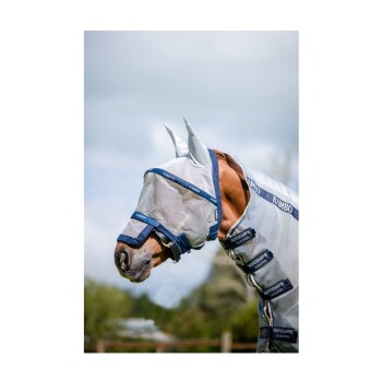 Ein braunes Pferd, das ein hellgraues Fliegenschutzdecke mit blauen Riemen trägt, mit den Marken 'Rambo' und 'Horseware Ireland' Logos.
