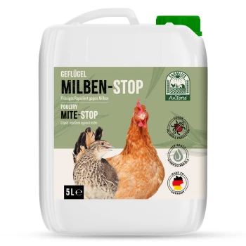 5-Liter "Milben-Stop" Behälter für Geflügelmilbenabwehr, mit Bildern von Henne und Hahn und deutschen Gebrauchsanweisungen.