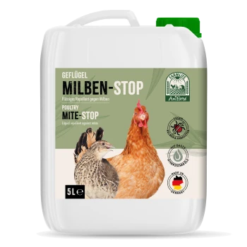 5-Liter "Milben-Stop" Behälter für Geflügelmilbenabwehr, mit Bildern von Henne und Hahn und deutschen Gebrauchsanweisungen.