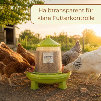 Hühner an einem grünen halbtransparenten GarPet-Futterspender mit Pellets; Banner: „Halbtransparent für klare Futterkontrolle“.