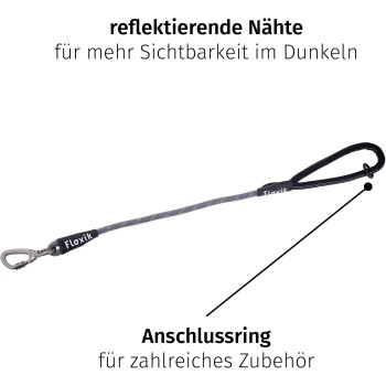 Reflektierende Hundeleine mit einem Verbindungspunkt für Zubehör, mit dem Markennamen "Floxik" deutlich angezeigt.