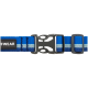 Blaues Haustierhalsband mit einem schwarzen "RUFFWEAR"-Label und einer stabilen grauen Schnalle, mit einem gestreiften Design in verschiedenen Blautönen.
