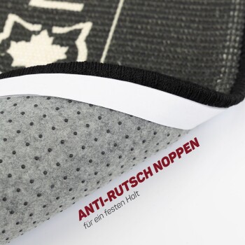 Nahaufnahme einer Haustiermatte, die ihre rutschfeste Rückseite mit gepunkteter Textur zeigt, mit dem Text "ANTI-RUTSCH NOPPEN für einen festen Halt."