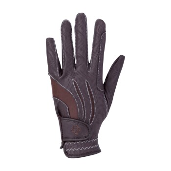 Braune Haustierpflegehandschuh mit strukturiertem Griff und weißen Nähten, mit einem Logo am Handgelenk.