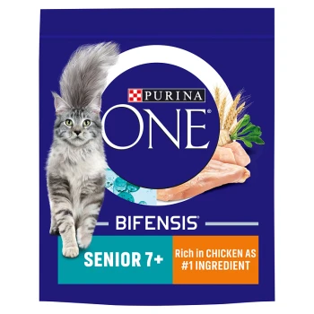 Purina ONE Bifensis cat food bag for seniors, featuring a fluffy gray cat, with text stating "Senior 7+" and "Rich in chicken as #1 ingredient."