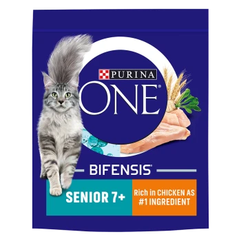 Purina ONE Bifensis cat food bag for seniors, featuring a fluffy gray cat, with text stating "Senior 7+" and "Rich in chicken as #1 ingredient."