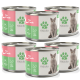Sechs Dosen Fellicita Katzenfutter mit einer grauen Katze auf dem Etikett, beschriftet mit "Pute & Forelle" mit Symbolen für hochwertige Zutaten und Mehrprotein.