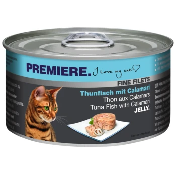 Cat food can featuring a tabby cat, labeled "PREMIERE. I love my cat," with "Tuna Fish with Calamari" in jelly.