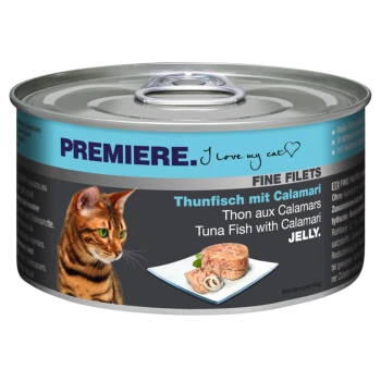 Cat food can featuring a tabby cat, labeled "PREMIERE. I love my cat," with "Tuna Fish with Calamari" in jelly.