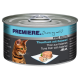 Boîte de nourriture pour chat avec un chat tigré, étiquetée 'PREMIERE. J'aime mon chat,' avec 'Poisson Thon avec Calamars' en gelée.