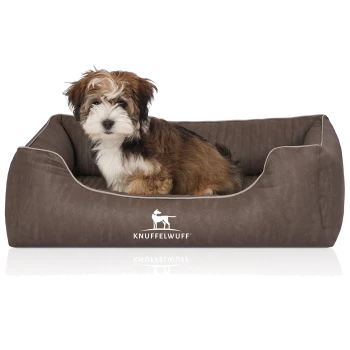 Ein kleiner, flauschiger Hund sitzt bequem in einem braunen Haustierbett mit einem weißen Rand, das das Logo "KNUFFELWUFF" deutlich zeigt.