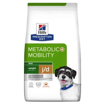 Hill's Prescription Diet Metabolic + Mobility Hundefutterbeutel mit einem kleinen Hund in einem blauen Halsband, beschriftet mit "MINI j/d" und "VETERINARIAN RECOMMENDED."