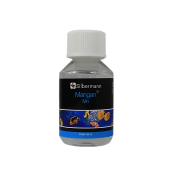 Flasche Silbermann Mangan (Mn) für die Aquariennutzung, enthält 100 ml, mit einem bunten fischthemen Label.