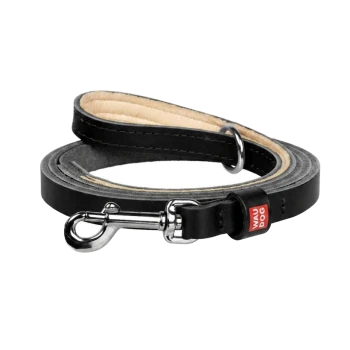 Black leather dog leash coiled with beige padded lining, metal snap clasp and red tag reading "WAU DOG".