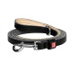 Zwarte leren hondenriem opgerold met beige gevoerde voering, metalen sluiting en rood label met tekst 'WAU DOG'.
