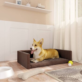 Ein glücklicher Corgi liegt auf einem braunen Hundebett in einem gemütlichen Raum, mit einer weißen Futterschüssel, einem Kauspielzeug und bunten Bällen in der Nähe.