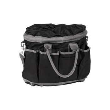 Schwarze Haustiertragetasche mit grauen Akzenten, mit einem Kordelzug oben und mehreren Außentaschen zur Aufbewahrung.