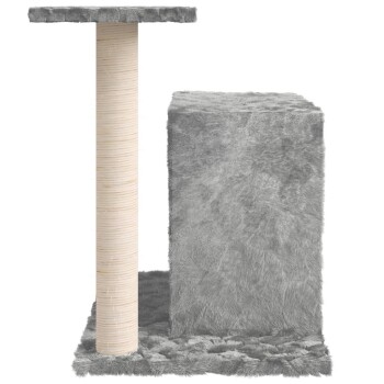 Grau Katzenbaum mit einem Kratzbaum und einer plüschigen Plattform, entworfen für das Spielen und Entspannen von Haustieren.