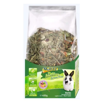Un sac de 400g de Multifit Nature Grain Free Herbs pour lapins nains, présentant un mélange d'herbes et de légumes séchés, avec une image de lapin sur le devant.
