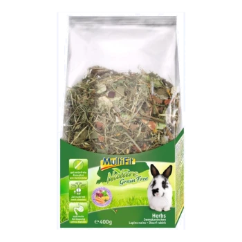 Een 400g zak Multifit Nature Graanvrije Kruiden voor dwergkonijnen, met een mix van gedroogde kruiden en groenten, met een konijnenafbeelding op de voorkant.