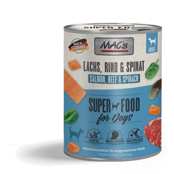 Blik MAC's Super Food voor honden, zalm, rundvlees & spinazie smaak, graanvrij, gemaakt in Duitsland, voor volwassen honden.
