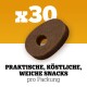 Weiche Haustiersnacks mit einem Loch in der Mitte, beschriftet mit "x30" und "praktische, köstliche, weiche Snacks pro Packung."